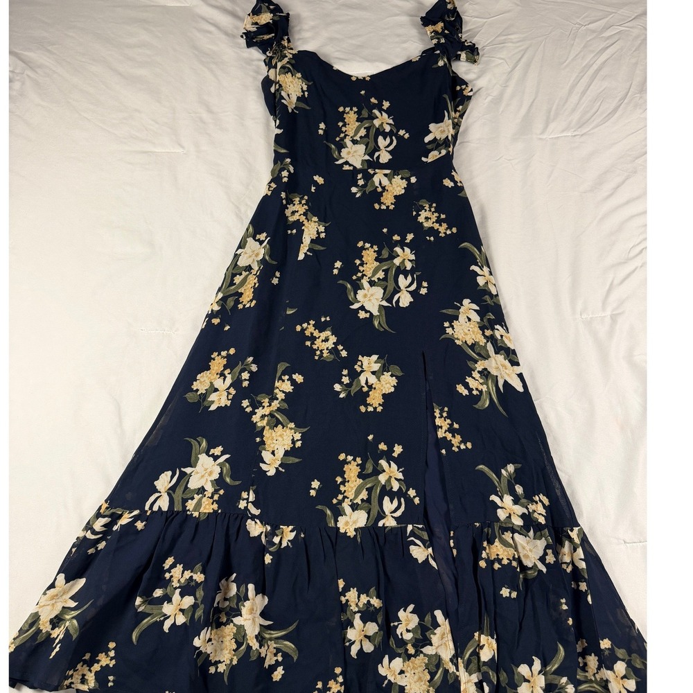 Reformation Nakita Mademoiselle Blue Floral Maxi Dress Smocked Slit Hem Size 0